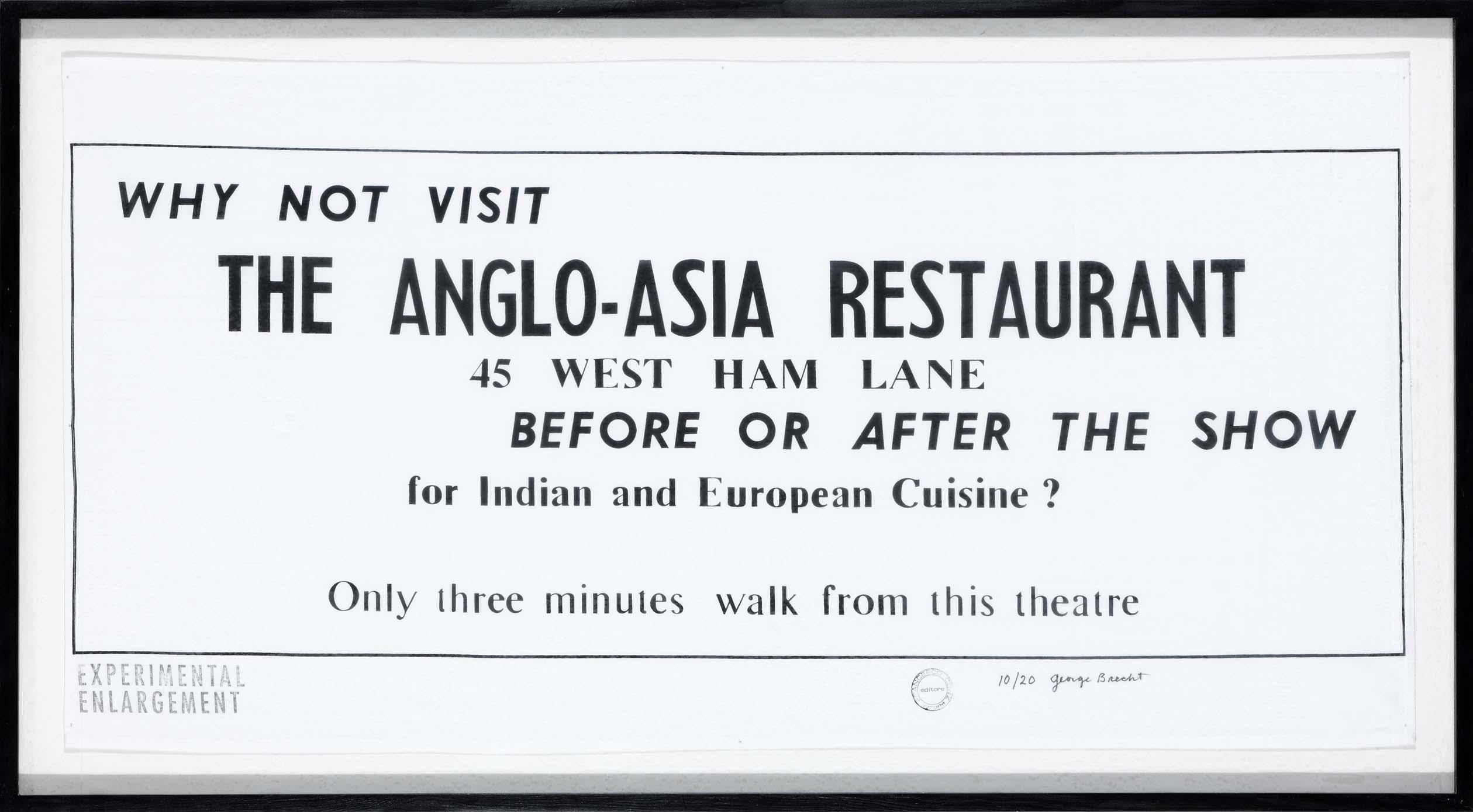 George_Brecht_Experimental_enlargement_why_not_visit_the_anglo-Asia_restaurant_screenprint_black_cloth_numbered_signed_edizioni_Francesco_Conz_Verona_1988_plexiglas